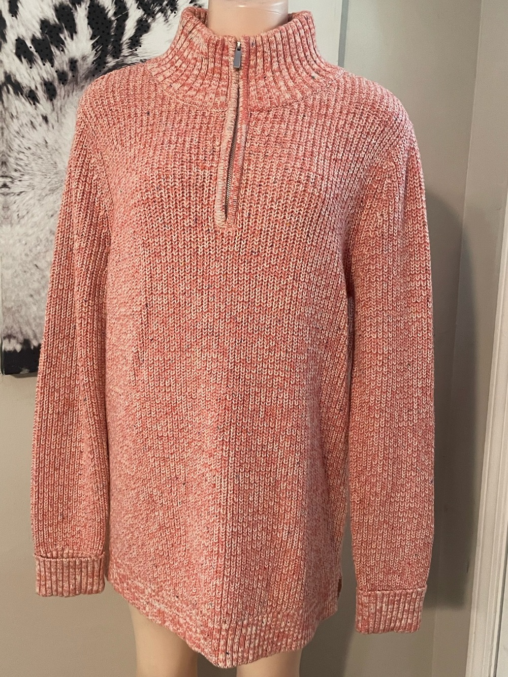 Lands End quarter zip ribbed knit sweater top mock neck shaker stitch quality XL